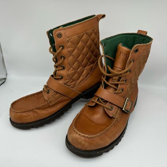 Polo By Ralph Lauren Ranger Tumbled Leather and Quilted Brown Ankle Boot Mens 6 - Picture 2 of 16